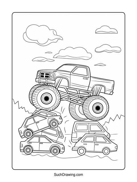A monster truck crushing cars in a black and white coloring page
