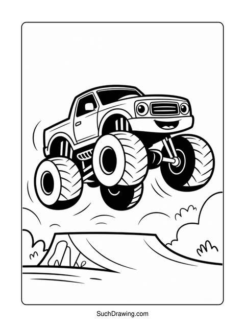 Black and white line art of a monster truck jumping over a ramp