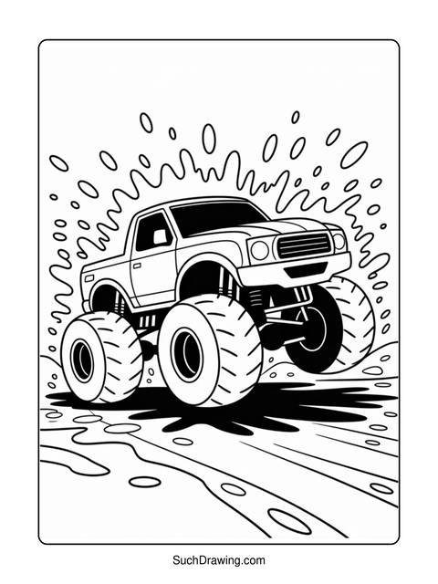 Black and white illustration of a monster truck with large tires