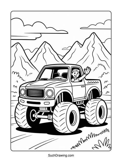 A black and white coloring page of a monster truck with a driver