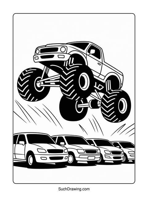 A monster truck jumping over cars, black and white coloring page