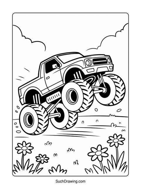 Black and white illustration of a monster truck jumping over flowers