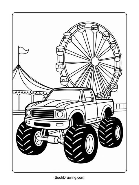Black and white coloring page of a monster truck and a ferris wheel