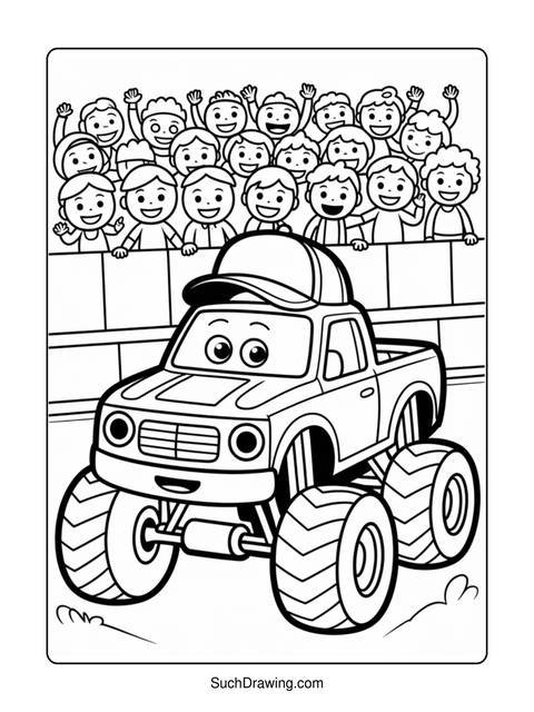 A monster truck with a cap on, with a crowd of people cheering