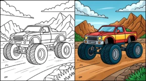 Monster truck coloring page, showing a large truck with oversized tires