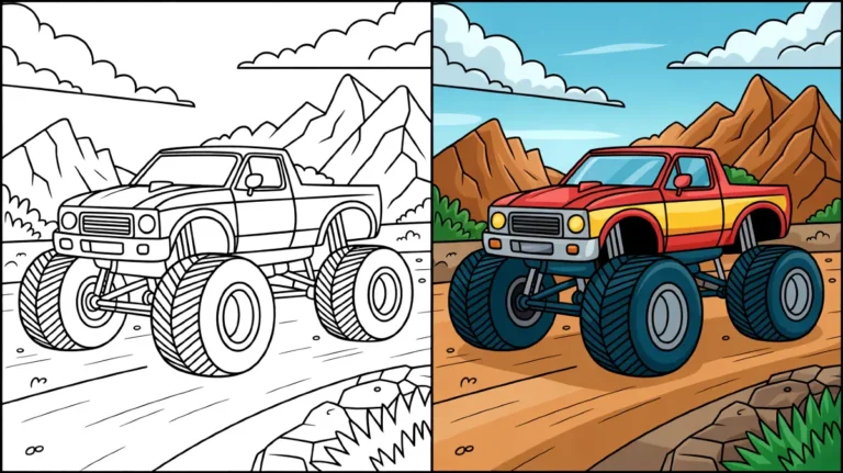 Monster truck coloring page, showing a large truck with oversized tires