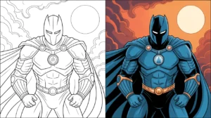 Moon knight coloring page: two panels depicting a superhero with cape and mask