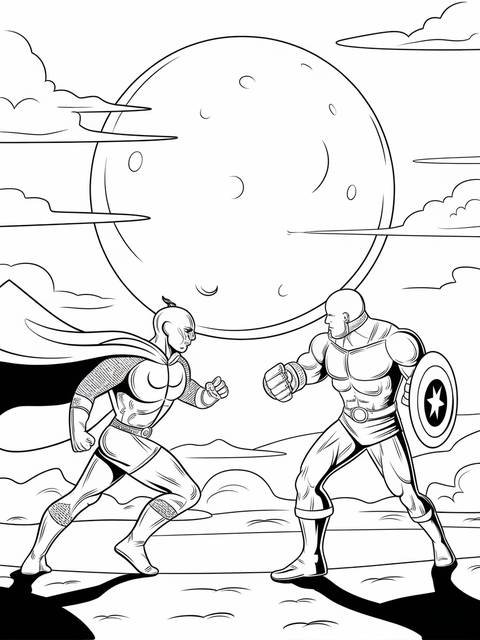 Moon knight facing off against a shield-wielding hero, under a large moon