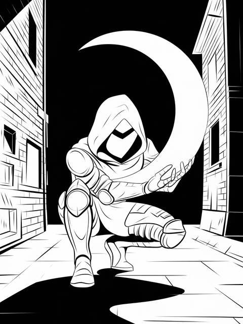 Moon knight in stealth pose, holding a crescent moon, in a black and white illustration