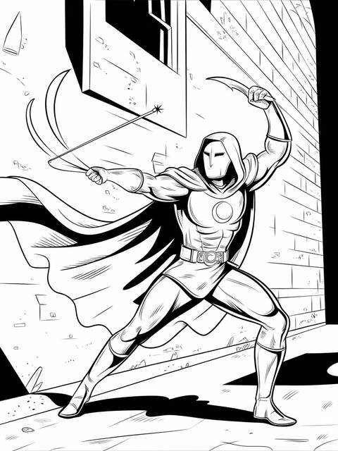 Moon knight in his classic costume, wielding weapons in a dynamic action pose
