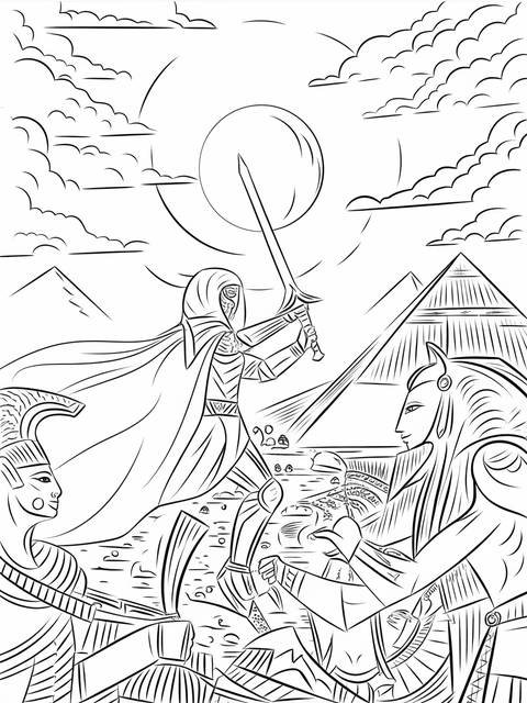 Moon knight wielding a sword, interacting with figures, pyramids in the background