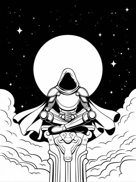 Moon knight meditating atop a pillar under a starry night sky and moon
