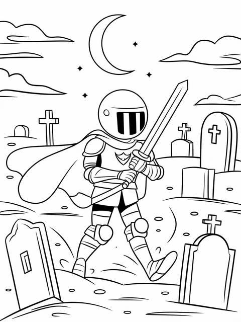 Moon knight in armor, holding a sword, navigating a graveyard under a crescent moon