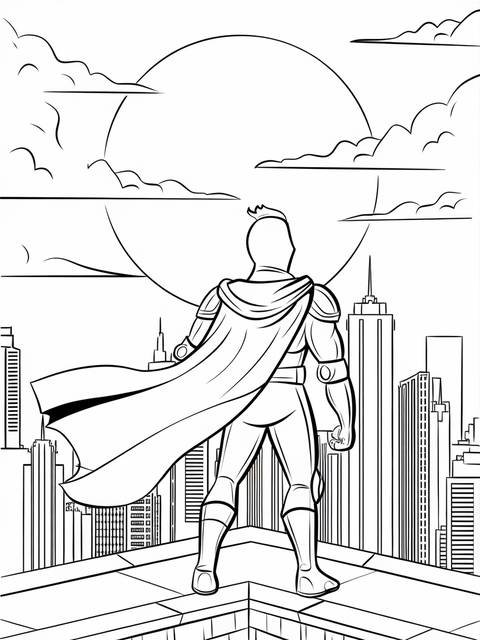 Moon knight standing on a rooftop, overlooking a city with a large moon