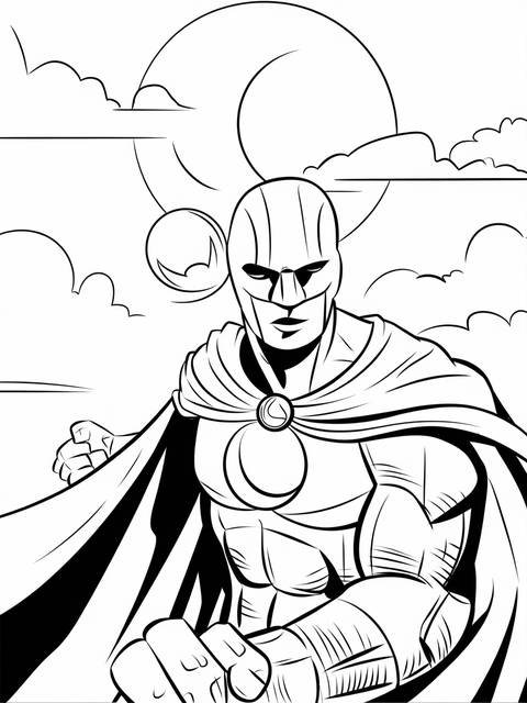 Moon knight in a dynamic pose, with a cape, set against a moon background