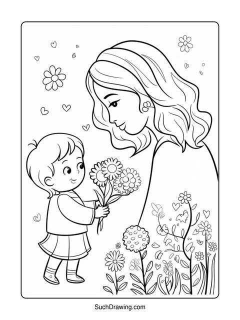 A child giving flowers to a woman, a coloring page illustration