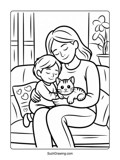 A mother and child cuddling a cat on a couch, coloring page