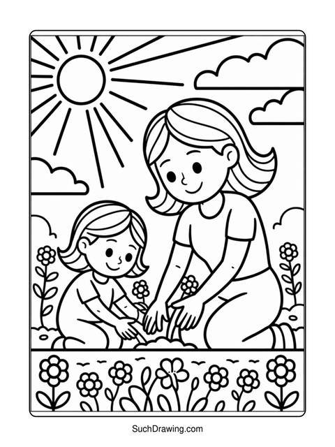 A mother and child planting flowers in a garden, under the sun
