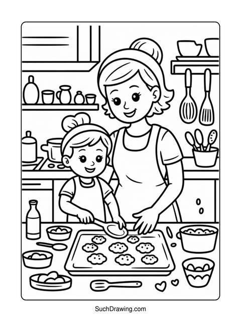 A mother and child baking cookies together in a kitchen setting