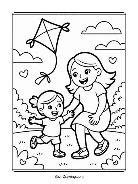 A mother and child flying a kite in a park, coloring page