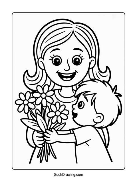 A child giving flowers to a smiling woman, a coloring page