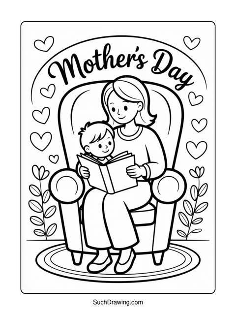 Mother and child reading a book together on mother's day, coloring page