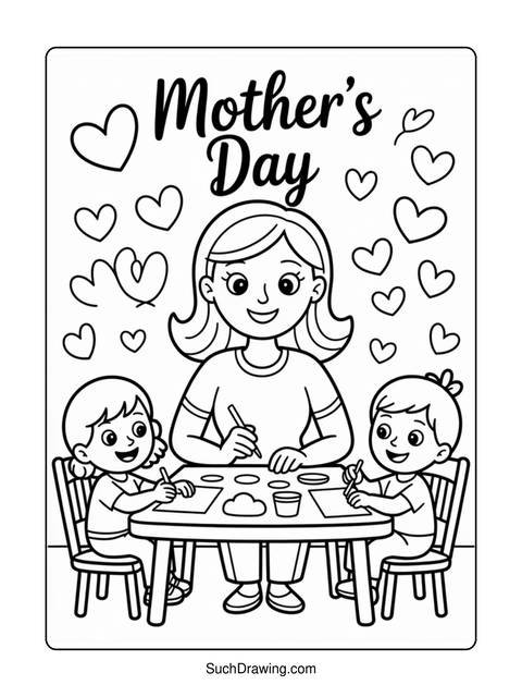 Mother and children coloring together at a table with hearts, mother's day theme