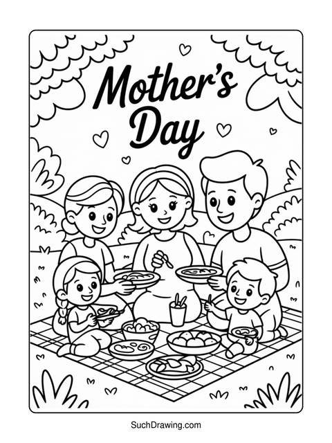 Black and white mother's day picnic scene with a family of five