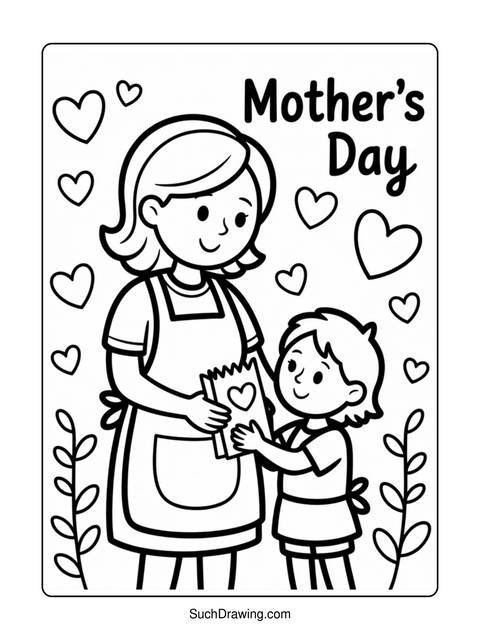 Mother's day coloring page: a child giving a gift to their mother