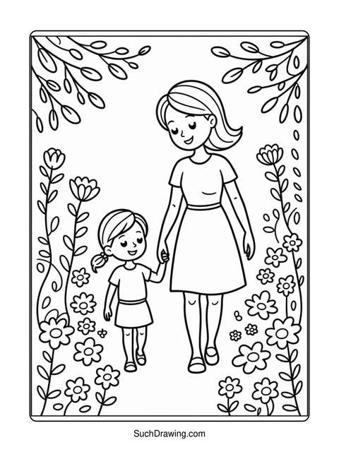 Line drawing of a mother and daughter walking through a flower garden