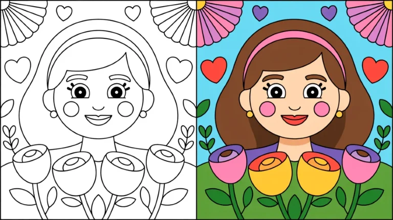 Mothers day coloring page: a woman holding flowers, with hearts and flowers