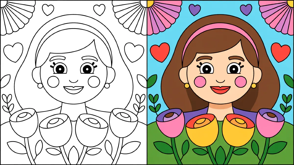 Mothers day coloring page: a woman holding flowers, with hearts and flowers