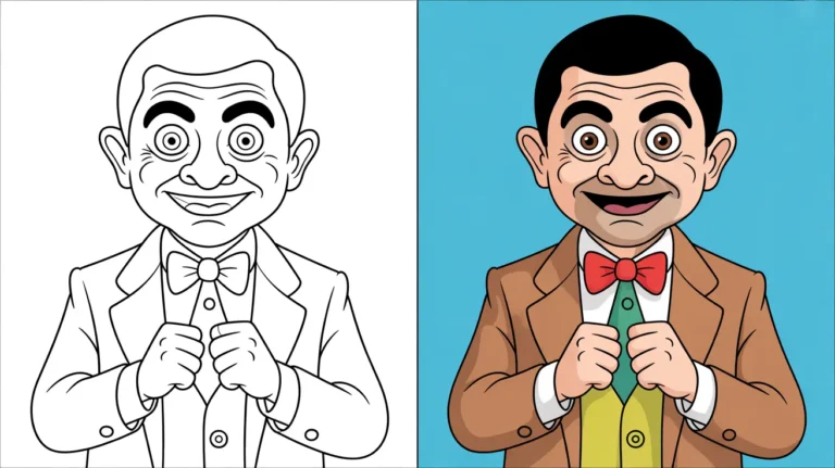 Mr. bean coloring page, a two-panel image showing a cartoon portrait