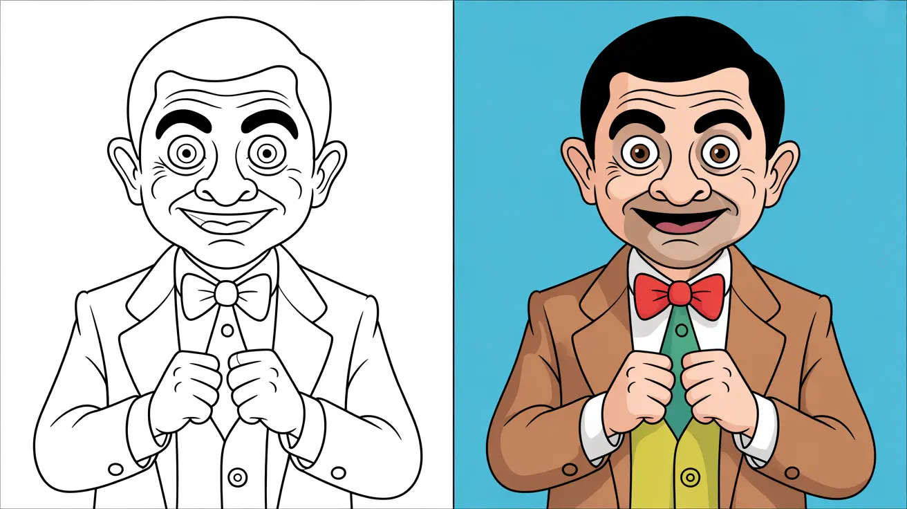 Mr. bean coloring page, a two-panel image showing a cartoon portrait