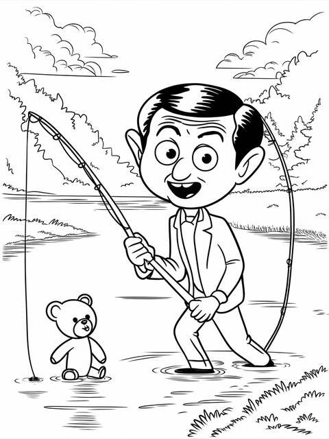 Mr. bean fishing with his teddy bear, a humorous coloring page illustration