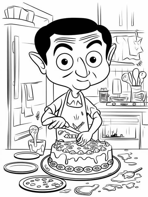 Mr. bean creating a mess while cutting a cake in a kitchen coloring page