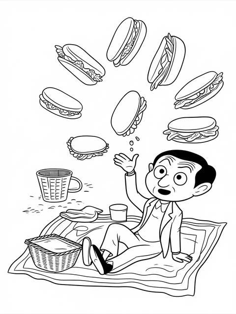 Mr. bean enjoying a picnic with sandwiches and a basket, as a coloring page