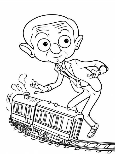 Mr. bean cartoon character playing with a toy train on tracks; black and white