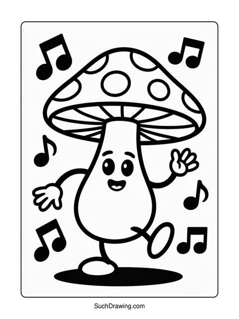 A cartoon mushroom with musical notes, arms, and legs, on a white background