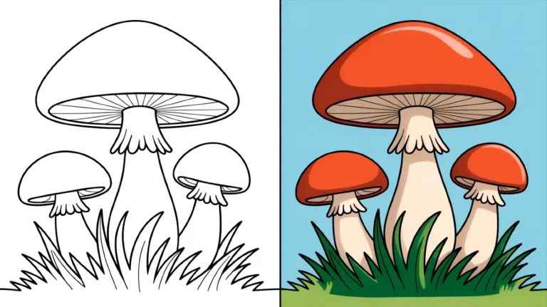 Mushroom coloring page featuring three mushrooms with red caps and green grass