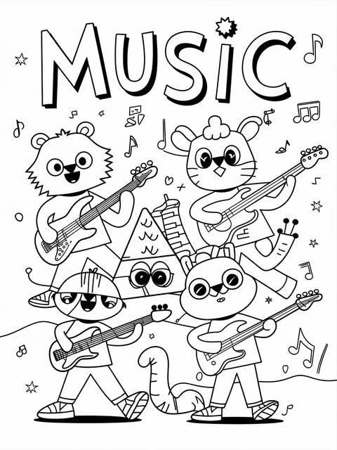 Funky animals playing guitars, part of a music group, on a coloring page