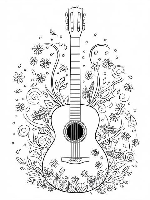 Acoustic guitar surrounded by floral designs, a cover image for music-related content