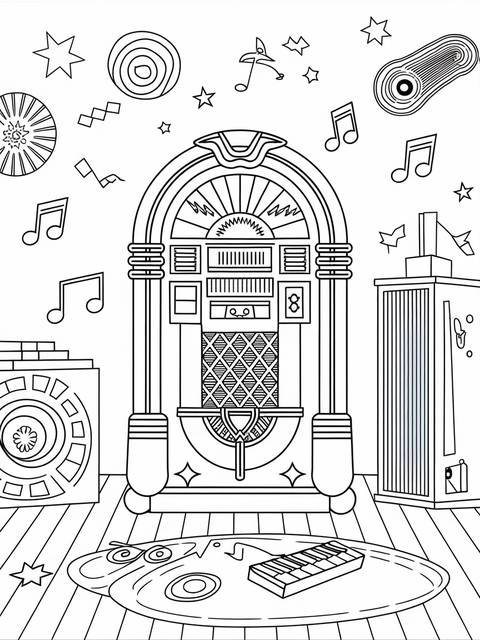Line art of a 1950s jukebox, musical notes, and other music-related elements