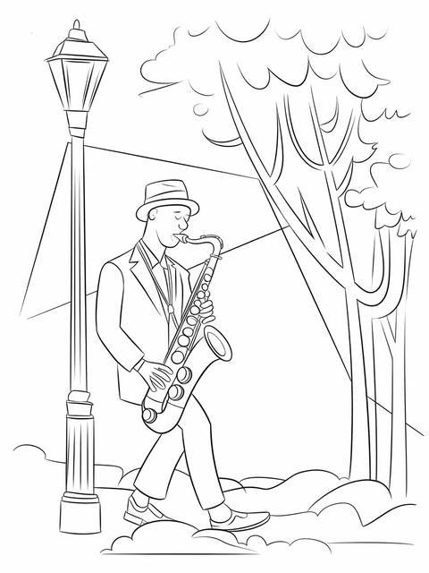 Saxophonist playing music under a tree and a street lamp; a coloring page