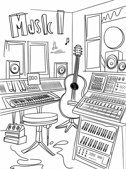 Line drawing of a music studio with instruments, including a guitar and keyboards