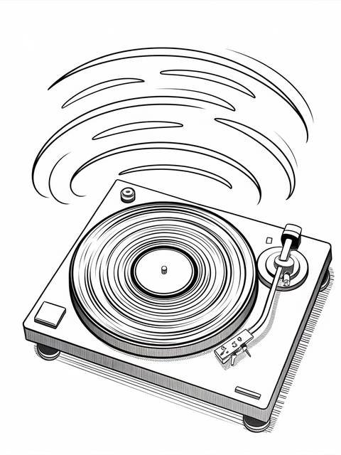 Line art of a vinyl record spinning on a turntable, music concept
