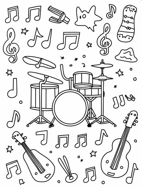 Whimsical drum set surrounded by musical notes and instruments, a music cover