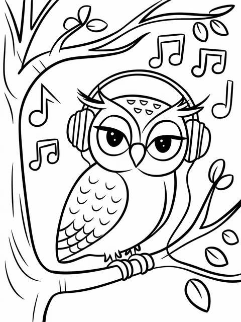 Wise owl wearing headphones, enjoying music, perched on a branch with musical notes