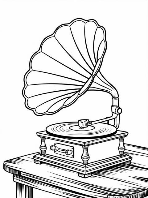 Line drawing of an old-fashioned gramophone, ready for music, sitting on a table