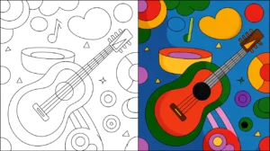 Two-panel music coloring page with a guitar and musical notes, ready to color